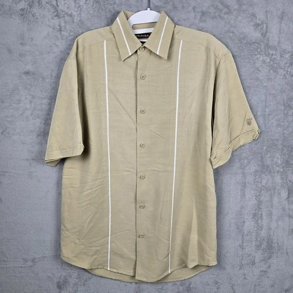 Cubavera Mens Tan Short Sleeve Button Down Camp Shirt Piping Size S RN37763 - Picture 1 of 11